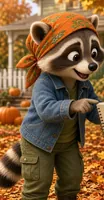 Amara, a raccoon kid in an orange headwrap and denim jacket