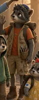 Eli, a raccoon boy in a navy kippah, orange t-shirt and tool vest