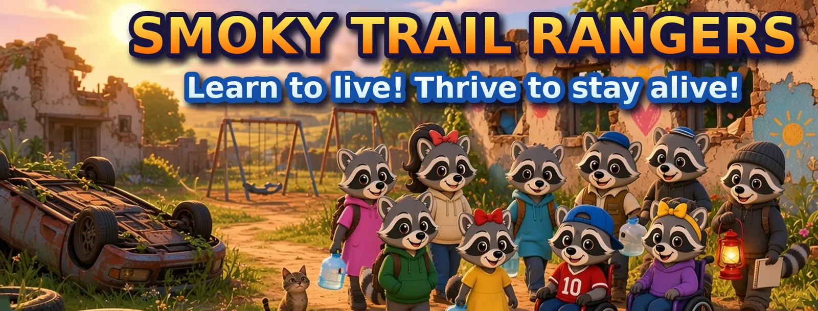 Smoky Trail Rangers – Learn to live! Thrive to stay alive! A group of raccoon Rangers carrying water and a lantern walk past a broken car and ruined buildings at sunset.